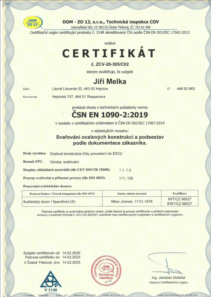 Certifikát Jiří Melka svařování