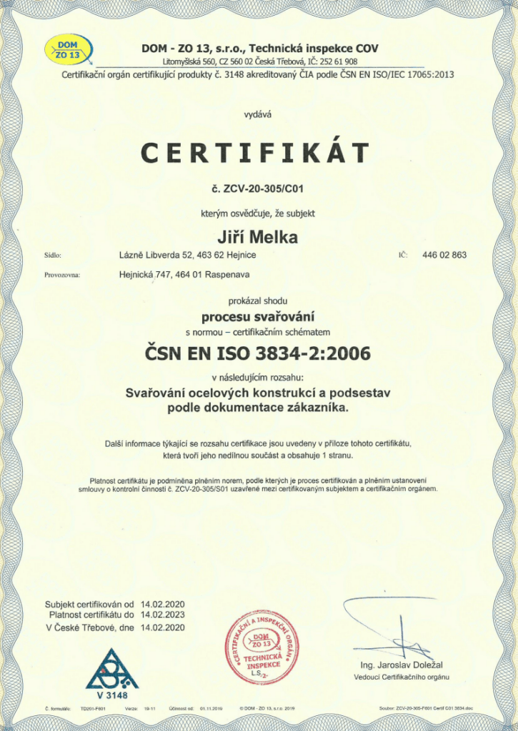 Certifikát Jiří Melka svařování kovů
