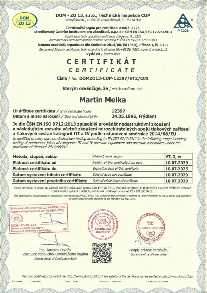 Certifikát Martin Melka